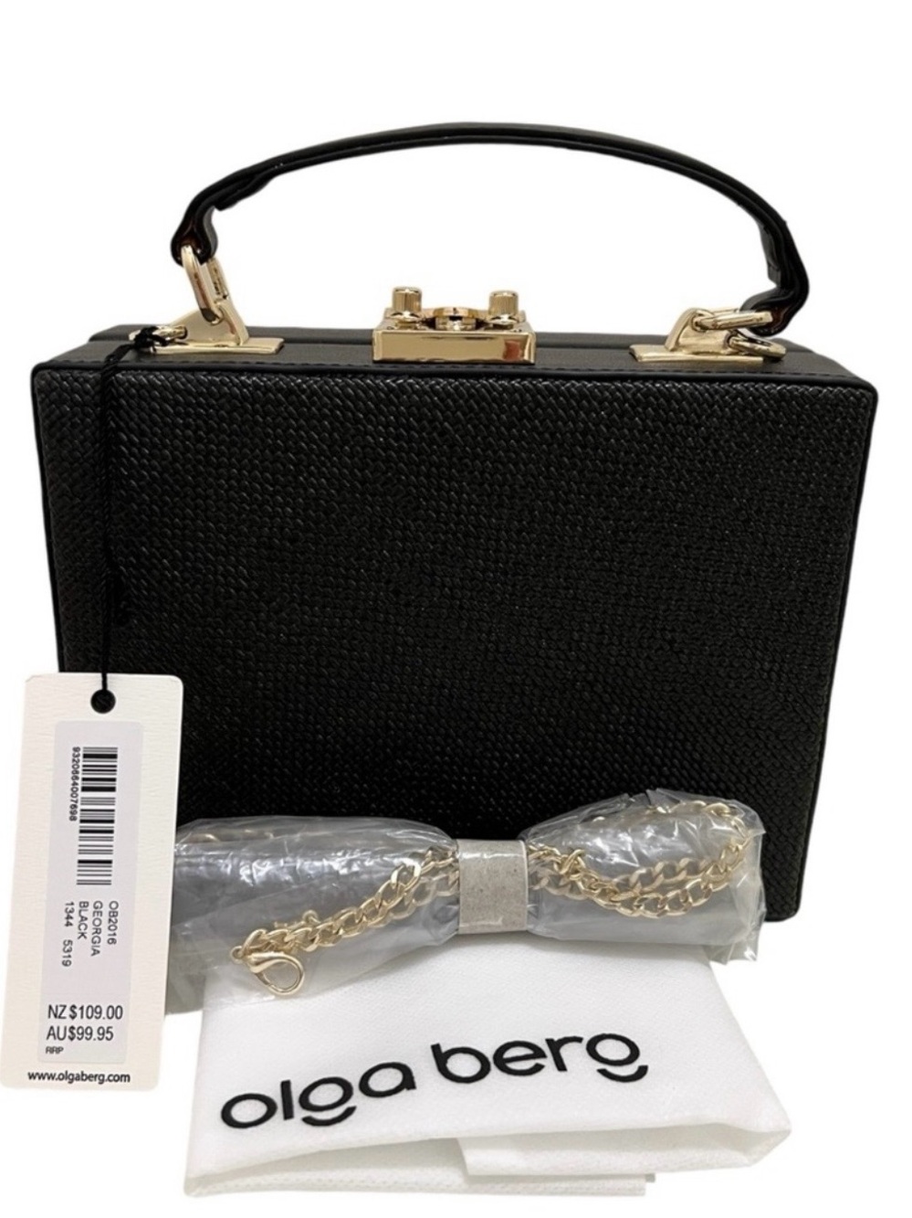 Olga Berg Georgia Black Woven Straw Box Bag NWT Gold Hardware Crossbody - Picture 8 of 8